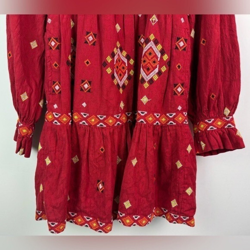 ANTHROPOLOGIE Niamh Red Multi Embroidered Mini Dress Tunic Boho Aztec Chic Sz XS - Picture 6 of 14